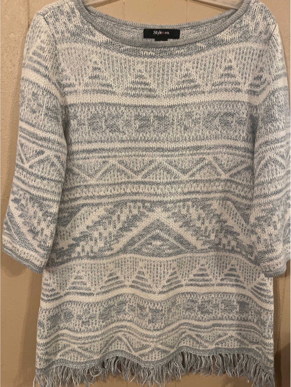 Style & Co. Women's Light Blue and White Patterned Knit Pullover Sweater with Fr